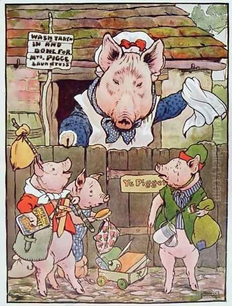 'She turned them out of the home-sty to find their own living', illustration from 'The Three Little Pigs' Oil Painting by Frank Adams