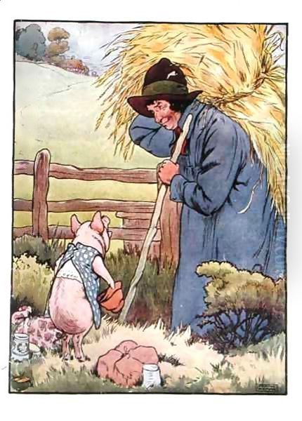 'If you please, Sir', said he, 'will you give me that straw to build a house with', illustration from 'The Three Little Pigs' Oil Painting by Frank Adams