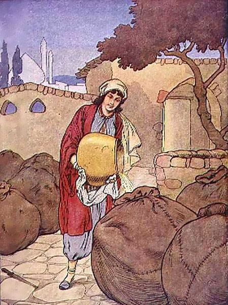 Morgiana Kills the Hidden Thieves by Pouring Boiling Oil on Them, scene from Ali Baba from 'My Nursery Story Book' Oil Painting by Frank Adams