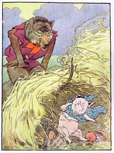 'So he huffed and he puffed till he blew the house of straw in', illustration from 'The Three Little Pigs' Oil Painting by Frank Adams