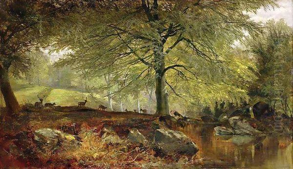 Deer in a Wood Oil Painting by Joseph Adam