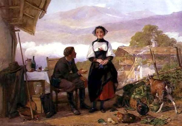 Courting couple in a mountain farmyard Oil Painting by John Absolon