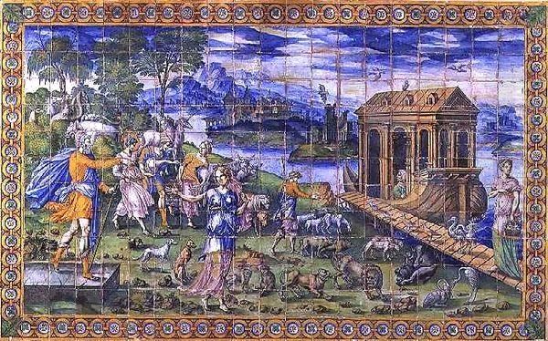 Tile depicting the Story of Noah Embarking in the Ark Oil Painting by Masseot Abaquesne