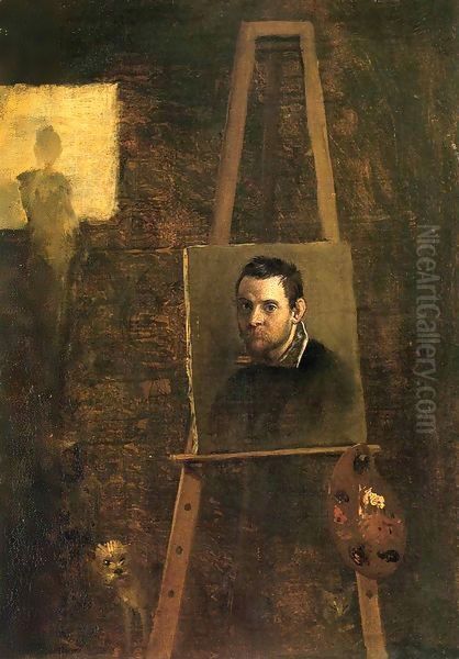 Self Portrait on Easel in Workshop Oil Painting by Annibale Carracci