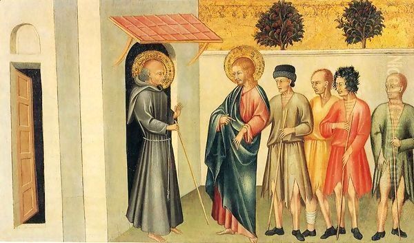 Franciscan Saint Receiving Pilgrims Led by Saint James the Great Oil Painting by Giovanni di Paolo