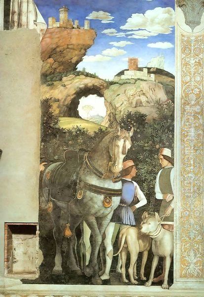 Servants with a Horse and Dogs Oil Painting by Andrea Mantegna