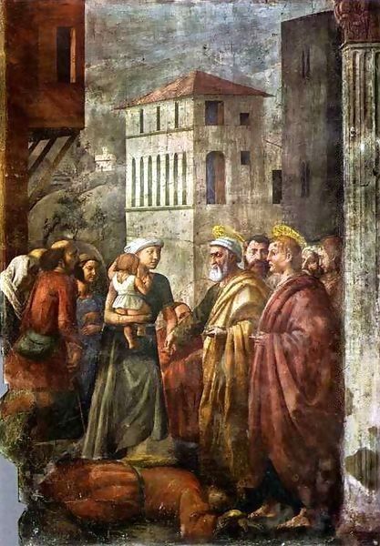 Brancacci chapel Distribution of the Goods of the Community and Oil Painting by Masaccio (Tommaso di Giovanni)