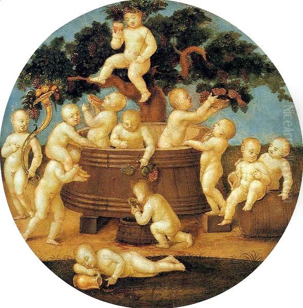 Putti with a Wine Press Oil Painting by Pietro Vannucci Perugino