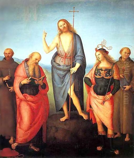 Saint John the Baptist with Saint Francis of Assisi, Saint Jerome, Saint Sebastian and Saint Anthony Oil Painting by Pietro Vannucci Perugino