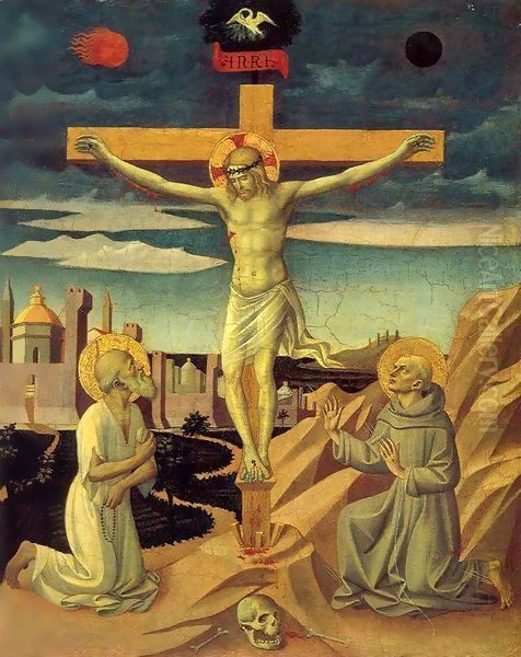 Christ on the Cross, Adored by Saint Jerome and Saint Francis Oil Painting by Francesco Pesellino