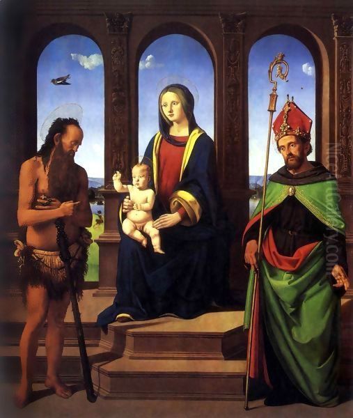 Madonna and Child with Saints Onofrius and Augustine Oil Painting by Piero Di Cosimo