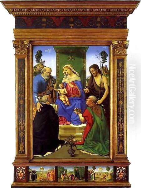 Madonna and Child with Saints Peter, John the Baptist, Nicolas of Bari and Dominic Oil Painting by Piero Di Cosimo