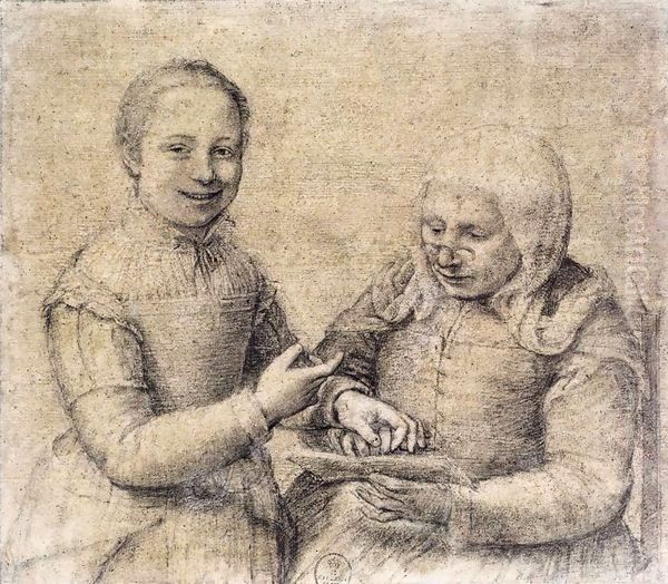 Old Woman Studying the Alphabet with a Laughing Girl Oil Painting by Sofonisba Anguissola