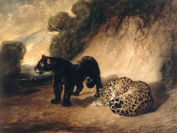 Two Jaguars from Peru Oil Painting by Antoine-louis Barye