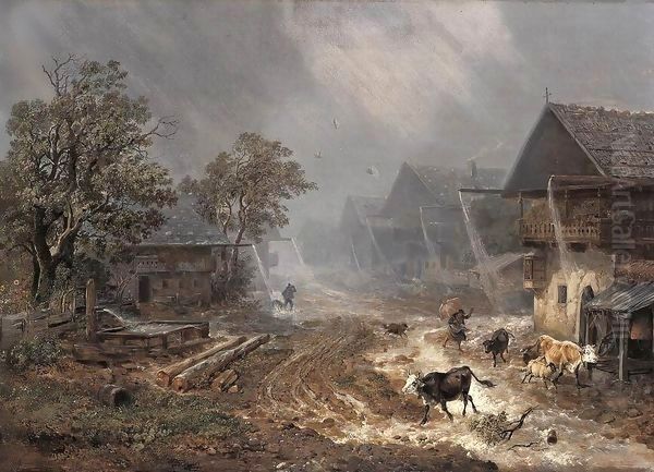 Rain Shower in Patenkirchen Oil Painting by Heinrich Burkel