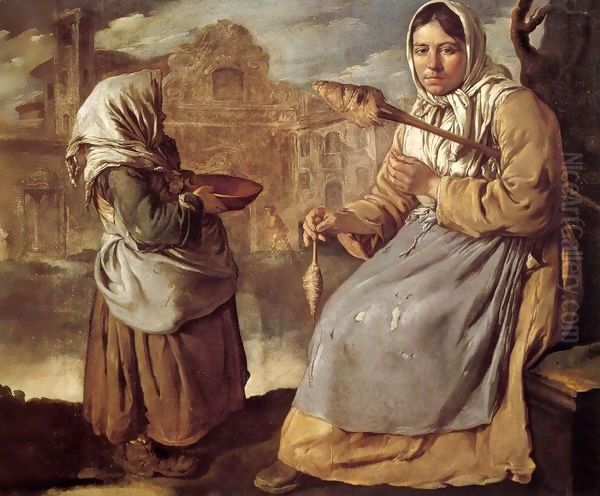 Little Beggar Girl and Woman Spinning Oil Painting by Giacomo Ceruti (Il Pitocchetto)