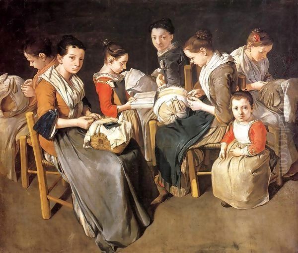 Women Working on Pillow Lace (The Sewing School) Oil Painting by Giacomo Ceruti (Il Pitocchetto)