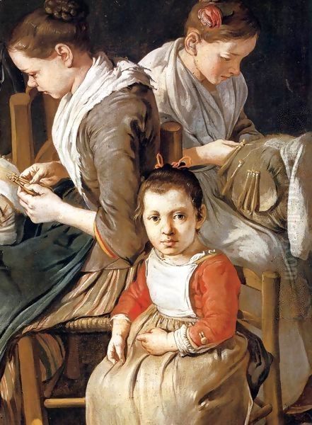 Women Working on Pillow Lace (detail) Oil Painting by Giacomo Ceruti (Il Pitocchetto)