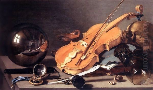 Vanitas with Violin and Glass Ball Oil Painting by Pieter Claesz.