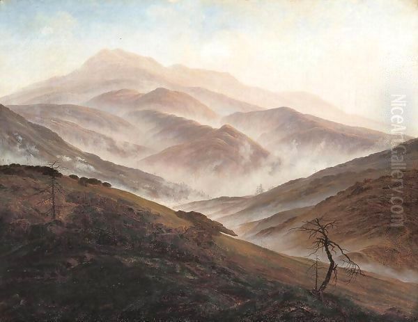 Riesengebirge Landscape with Rising Fog Oil Painting by Caspar David Friedrich