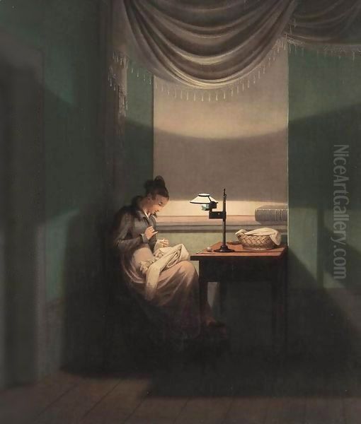 Young Woman Sewing by the Light of a Lamp Oil Painting by Georg Friedrich Kersting