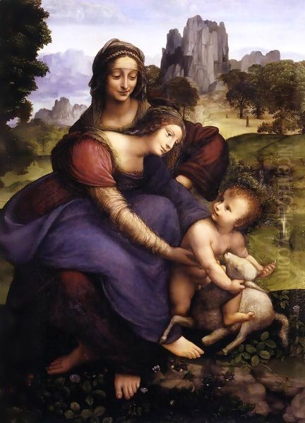 St Anne with the Virgin and the Child Embracing a Lamb Oil Painting by Francesco Melzi