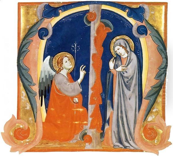 The Annunciation in an Initial M Oil Painting by Italian Miniaturist