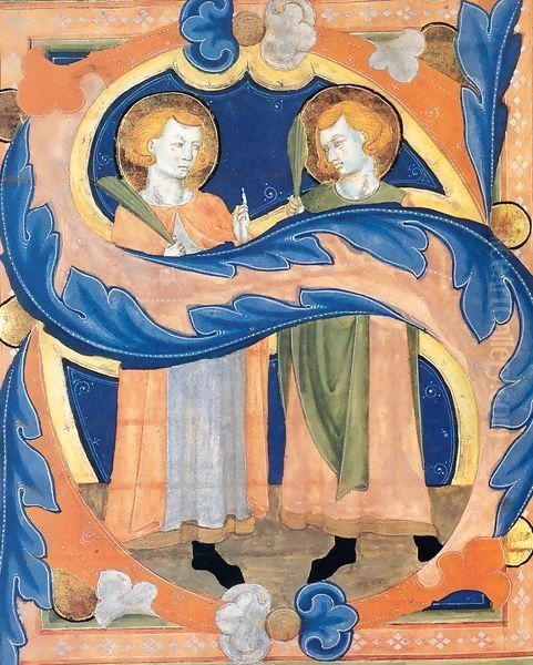 Two Martyr Saints in an Initial S Oil Painting by Italian Miniaturist