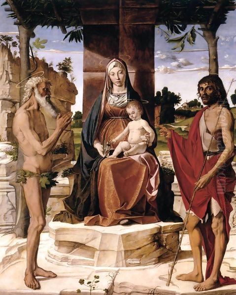 Madonna and Child under a Pergola with St John the Baptist and St Onofrius Oil Painting by Bartolomeo Montagna