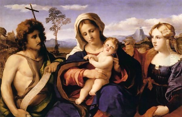 Virgin and Child with St John the Baptist and Mary Magdalene Oil Painting by Palma Vecchio (Jacopo Negretti)