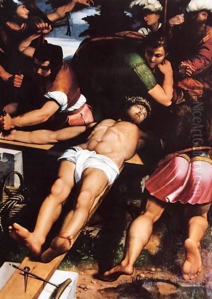 Nailing of Christ to the Cross Oil Painting by Callisto Piazza Da Lodi