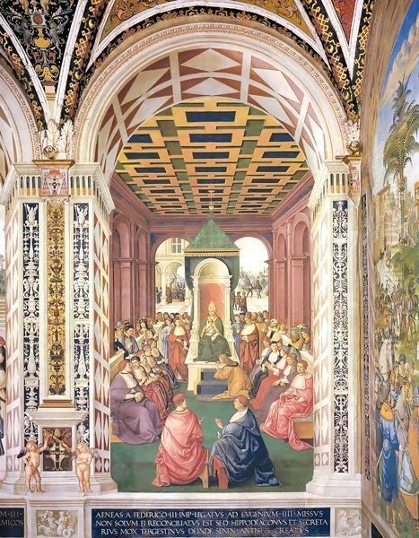 No. 4 Homage to Pope Eugenius IV in the Name of Emperor Frederick III Oil Painting by Bernardino di Betto (Pinturicchio)