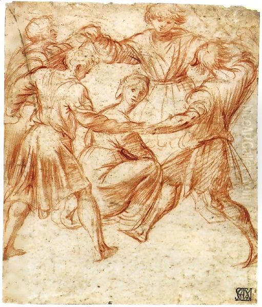 Young Men Dancing around a Woman Oil Painting by Polidoro Da Caravaggio (Caldara)