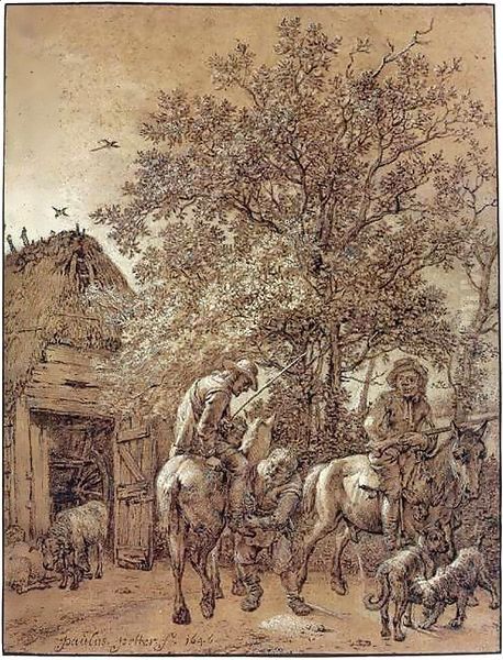 Horsemen near a Barn Oil Painting by Paulus Potter