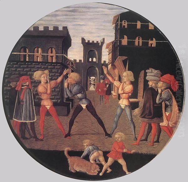 Game of Civettino (a Birth Salver) 2 Oil Painting by Giovanni di ser Giovanni Guidi (see Scheggia)