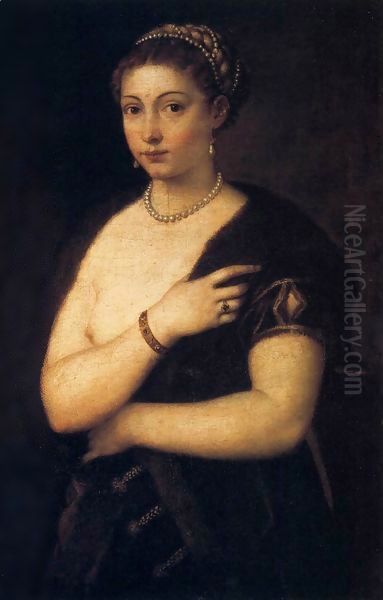 Woman in a Fur Coat Oil Painting by Tiziano Vecellio (Titian)