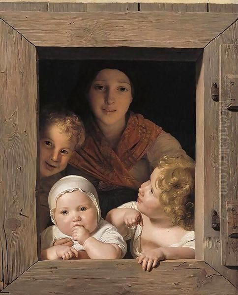 Young Peasant Woman with Three Children at the Window Oil Painting by Ferdinand Georg Waldmuller