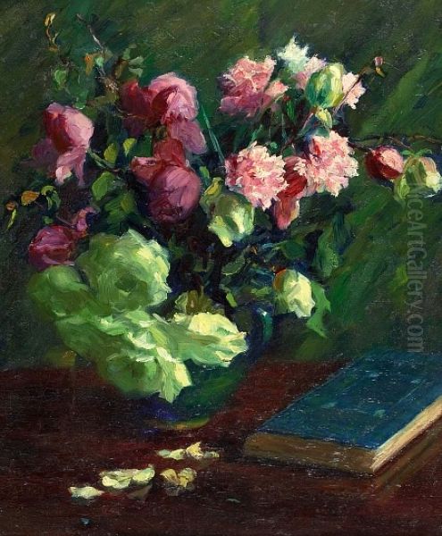 Floral Still Life with Book Oil Painting by K. McGusland