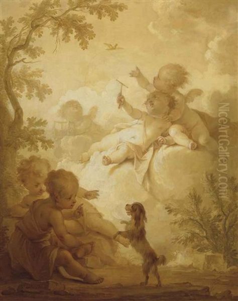 Putti In A Wooded Landscape With A Bird And A Lap-dog Oil Painting by Dirk Van Der Aa