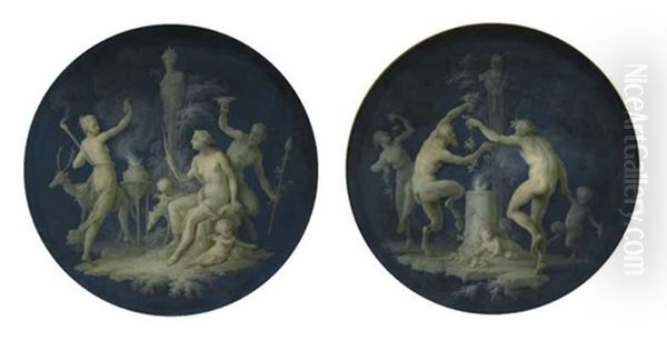 Satyrs And Fauns Dancing Before A Shrine (+ Diana In A Landscape With The Attributes Of Hunting And Dancing Figures; Pair) Oil Painting by Dirk Van Der Aa