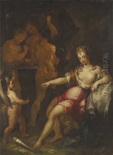 Venus And Cupid In Vulcan's Forge Oil Painting by Hans Von Aachen