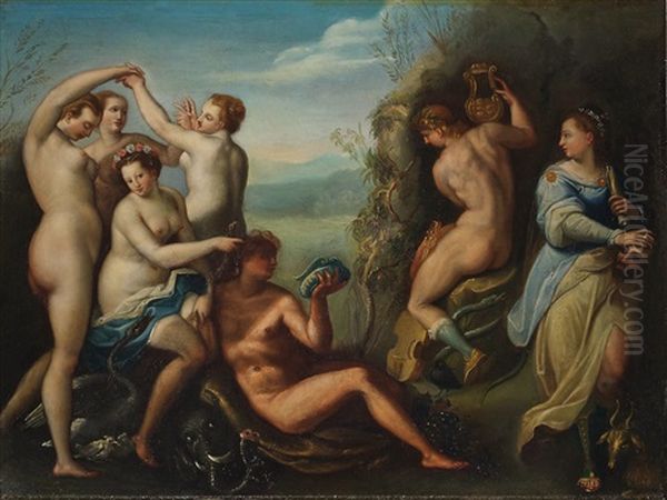 Reizvolle Szenerie Mit Figuren Aus Bibel Und Mythologie: Die Drei Grazien - Leda Und Der Schwan - Adonis - Salome Mit Dem Haupte Johannes Des Taufers Oil Painting by Hans Von Aachen