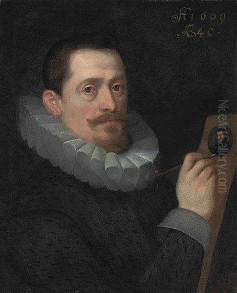 Portrait Of A Gentleman, Aged 40, In A Black Coat And White Ruff, Painting A Miniature Oil Painting by Hans Von Aachen