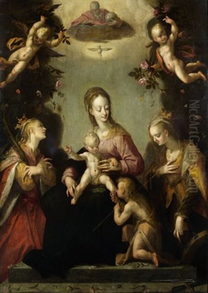 La Vierge Et L'enfant Jesus Entre Sainte Elisabeth Et Sainte Catherine D'alexandrie Oil Painting by Hans Von Aachen