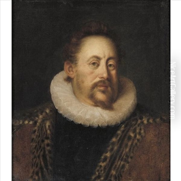 Portrait Of Count Otto Heinrich Von Schwarzenberg, Half Length, Wearing A White Ruff And A Leopard Skin Cloak Oil Painting by Hans Von Aachen