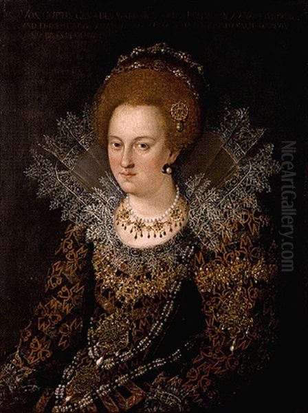 Portrait Of Barbara Sophia, Princess Of Wurtemburg, In A Richly Embroidered And Bejewelled Dress Oil Painting by Hans Von Aachen