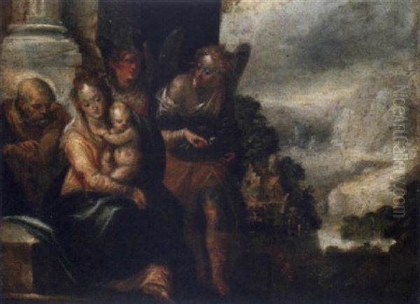 The Holy Family With Two Angels In A Portico, A Landscape Beyond Oil Painting by Hans Von Aachen