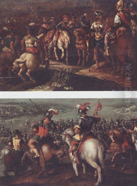 A Cavalry Battle Scene Oil Painting by Hans Von Aachen