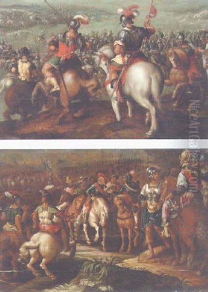 A Cavalry Battle Scene Oil Painting by Hans Von Aachen