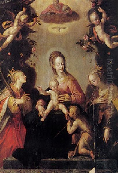 La Vierge Et L'enfant, Avec Dieu Le Pere, Le Saint-esprit, Adores Par Sainte Catherine D'alexandrie Et Sainte Barbe (?) Oil Painting by Hans Von Aachen